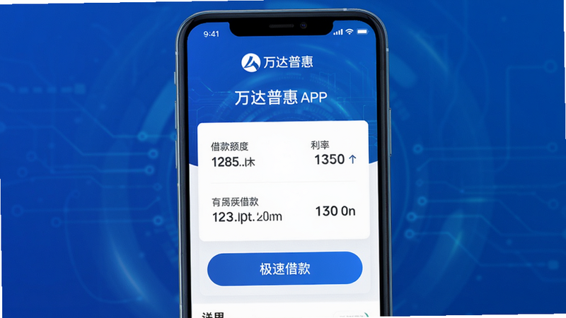 主体为万达普惠APP主界面预览图,布局居中,展示借款额度、利率信息,背景为科技感蓝色渐变,排版简洁,风格现代,细节包括‘万达普惠’logo和‘极速借款’按钮,画质高清,干净无多余元素。