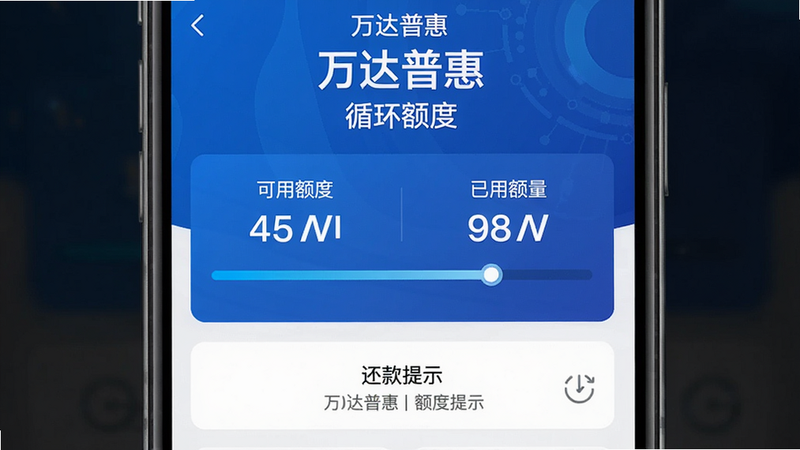 主体为万达普惠APP额度管理页面,布局居中,显示可用额度和已用额度,风格科技蓝,细节包括进度条和还款提示,画质清晰,干净无多余元素,文字标注‘万达普惠’和‘循环额度’。