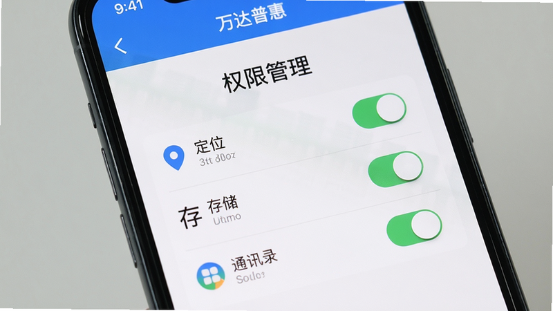 主体为手机屏幕显示万达普惠APP权限设置页面,布局居中,风格简洁,细节包括定位、存储、通讯录权限开关,画质清晰,干净无多余元素,文字标注‘权限管理’。