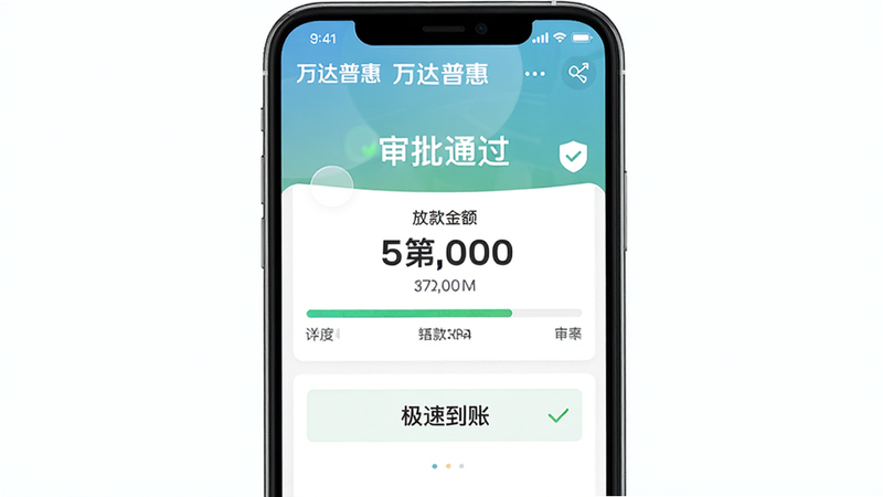 主体为万达普惠APP审核通过界面,布局居中,显示‘审批通过’和放款金额,风格简洁,背景白色,细节包括进度条和到账提示,画质高清,干净无多余元素,文字标注‘万达普惠’和‘极速到账’。