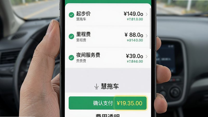 主体为手机屏幕显示费用明细页面,布局从上到下依次为“起步价”、“里程费”、“夜间服务费”等条目,每项旁边有具体金额,底部有“确认支付”按钮。风格为简洁列表式UI,细节包括绿色对勾图标和合计金额高亮。画质干净,无多余元素,文字标注“慧拖车”和“费用透明”。