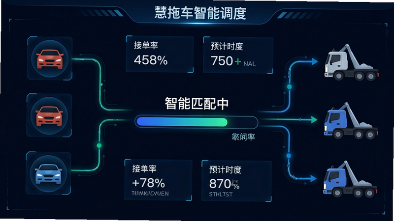 主体为后台调度示意图,布局左侧显示用户故障车辆图标,右侧显示多个拖车头像和路线线条,中央有“智能匹配中”的进度动画。风格为科技感数据可视化风格,细节包括接单率百分比和预计时长。画质高清,干净无多余元素,文字标注“慧拖车智能调度”。