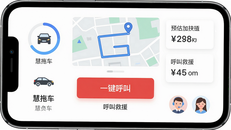 主体为智能手机屏幕展示慧拖车APP主界面,布局中央有一个醒目的红色“一键呼叫”按钮,上方显示带有蓝色路线标记的地图,周围分布着车辆图标和预估费用卡片。风格为现代扁平化UI设计,细节包括进度环和客服头像。画质高清、干净,无多余元素,界面文字标注“慧拖车”和“呼叫救援”。