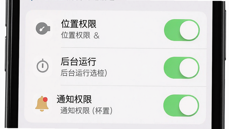 主体为手机屏幕显示慧拖车设置界面,布局顶部有“位置权限”、“后台运行”、“通知权限”三个开关,每个开关旁边有绿色开启状态。风格为iOS风格开关组件,细节包括文字说明和权限图标。画质干净无多余元素,文字标注“慧拖车权限管理”。