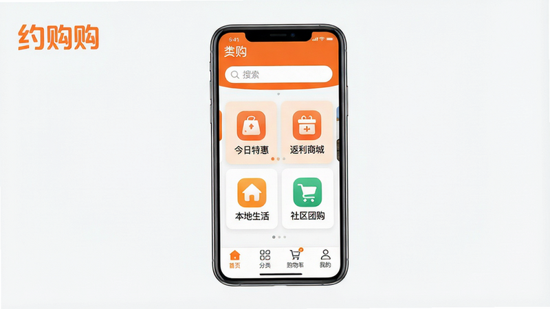 手机屏幕居中显示约购APP首页,主色调为橙色和白色,顶部搜索栏,中部轮播图展示“今日特惠”“返利商城”“本地生活”“社区团购”四个功能图标,底部导航栏有首页、分类、购物车、我的,左上角有“约购”橙色logo,背景干净,高清画质,无多余元素,文字清晰,整体风格清新简洁。