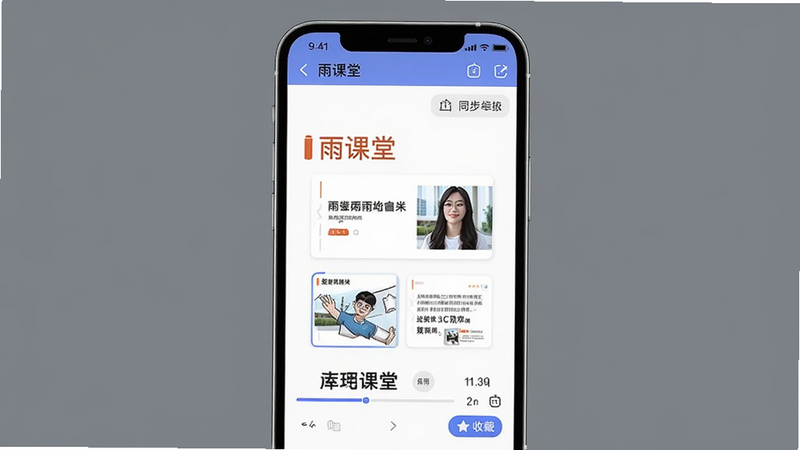 一张展示雨课堂手机屏幕同步显示PPT幻灯片的画面,主体为手机界面上的幻灯片内容,布局为手机居中,屏幕内容清晰显示“雨课堂”PPT同步界面,风格简约科技感,细节包括幻灯片缩略图、进度条和收藏按钮,画质高清,背景纯色,干净无多余元素。