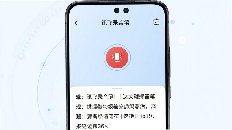 ����Ϊһ���ֻ���Ļ������ʾѶ��¼���������棬���涥���С�Ѷ��¼���ʡ����⣬������һ��Բ�κ�ɫ¼����ť���·���ʾʵʱתд��������������Ϊǳ��ɫ���䣬��������Ƽ������ʸ��壬�ɾ��޶���Ԫ��