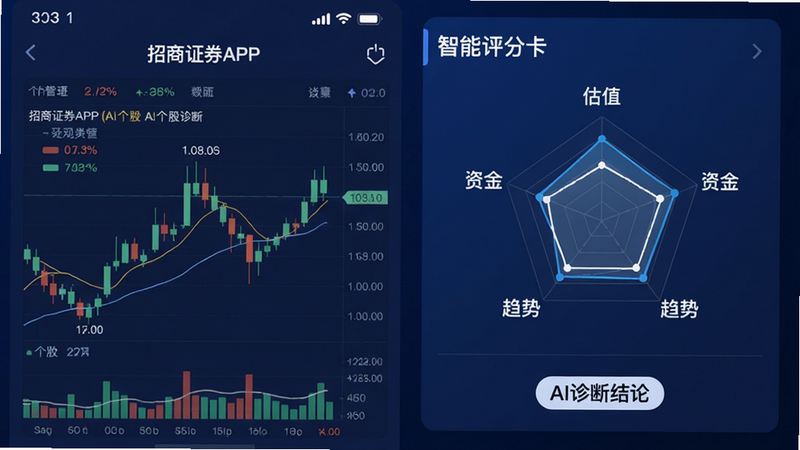 主体:招商证券APP的AI个股诊断页面,布局:左侧为个股K线图,右侧为智能评分卡(含估值、资金、趋势三项雷达图),排版:左右对称信息流,风格:深蓝背景搭配白色文字,细节:评分卡下方有“AI诊断结论”文字标签,画质:超清,干净无多余元素