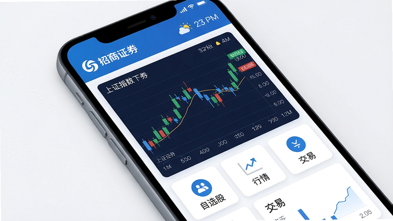主体:手机屏幕展示招商证券APP主界面,布局:中央显示上证指数K线图,下方有“自选股”、“行情”、“交易”等图标,排版:整洁的卡片式布局,风格:扁平化科技蓝白主色调,细节:屏幕左上角有“招商证券”LOGO,右上角显示天气与时间,画质:4K超清,干净无多余元素