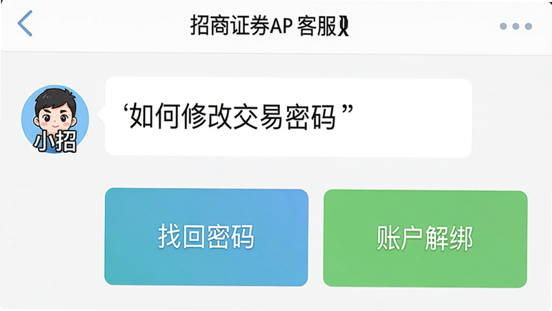 主体:招商证券APP客服界面,布局:上方是对话框(用户问“如何修改交易密码”),下方有快捷回复按钮(如“找回密码”、“账户解绑”),排版:仿微信聊天风格,风格:简洁白底,细节:客服头像显示“小招”卡通形象,画质:高清,干净