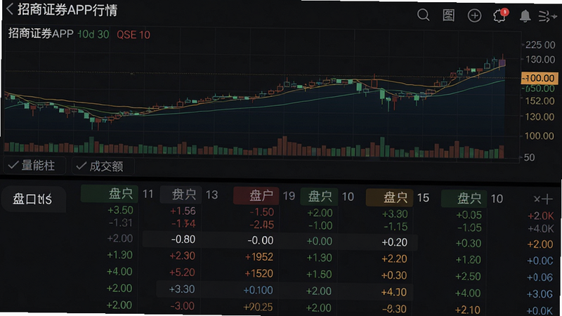主体:招商证券APP行情页面,布局:上半部分为分时图,下半部分为盘口买卖十档数据,排版:上下分屏,风格:暗黑模式,细节:分时图下方有“量能柱”和“成交额”标签,画质:超清,干净无多余元素