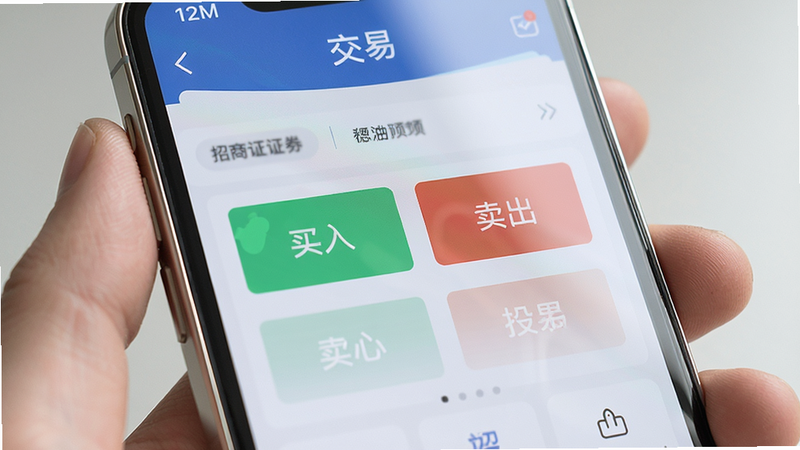 主体:智能手机握持展示招商证券APP,布局:手机屏幕显示“交易”页面,中间有“买入”“卖出”大按钮,排版:居中对称,风格:实拍风格,细节:手机边缘有金属光泽,屏幕反光自然,画质:超清,干净无多余元素