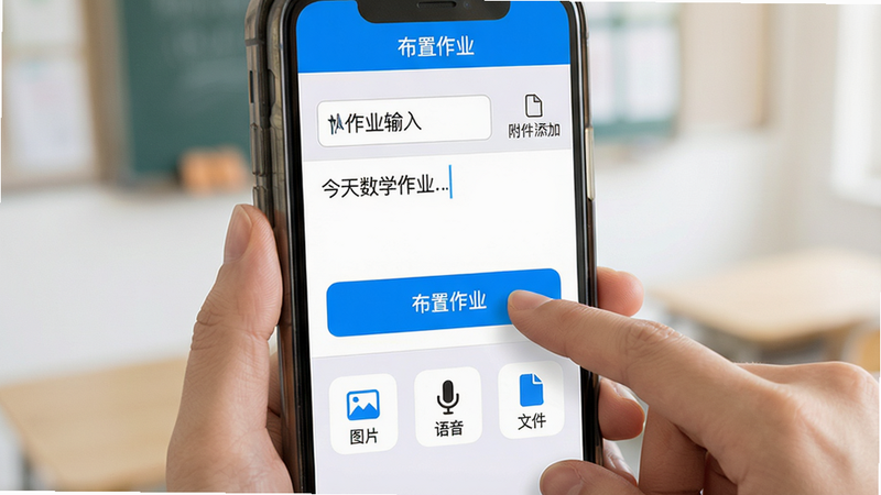 主体:手机屏幕上显示作业布置界面,老师正在点击“布置作业”按钮,旁边有作业标题输入框和附件添加选项。布局:上方是“布置作业”标题栏,中间为文本输入区域,下方有“图片”、“语音”、“文件”三个附加图标按钮。排版:纵向排列,按钮采用圆角矩形。风格:清新简洁的iOS风格,蓝白配色。细节:输入框中显示示例文字“今天数学作业...”,按钮带有小图标。画质:高清,干净,无多余元素。