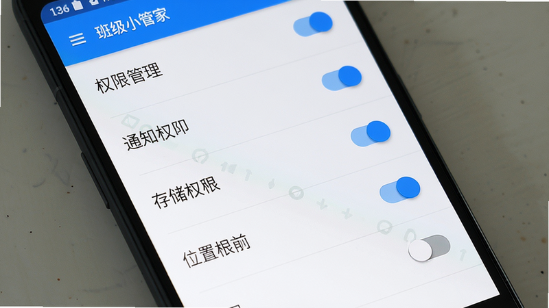 主体:手机屏幕展示班级小管家的设置页面,显示权限管理选项,通知权限、存储权限、位置权限的开关,部分已开启。布局:列表形式,每一行左侧是权限名称,右侧是开关按钮。风格:Android Material Design风格,白色背景,蓝色开关。细节:开关按钮处于开启状态时显示蓝色,关闭时灰色。画质:高清,干净,无多余元素。