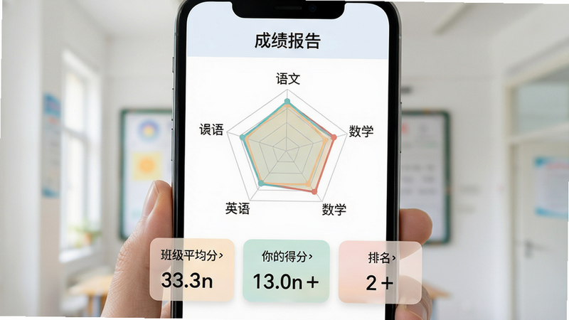 主体:手机屏幕显示成绩查询页面,顶部有“成绩报告”标题,中部是一个雷达图展示各科得分,下方有“班级平均分”、“你的得分”、“排名”三个数据卡片。布局:雷达图居中,数据卡片横向排列。风格:可视化数据图表,色彩柔和。细节:雷达图五边形,每科标注语文、数学、英语等,数字清晰。画质:高清,干净,无多余元素。
