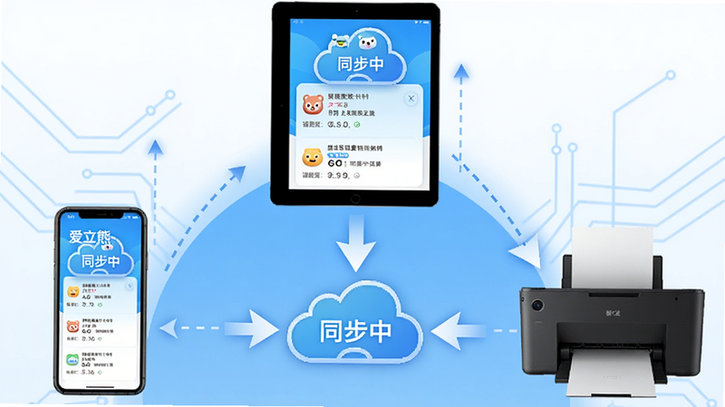 主体:三台设备(手机、平板、打印机)环绕排列,中间有云同步图标箭头连接。布局:三角形布局,设备间有虚线箭头标注同步方向。排版:每台设备屏幕显示“爱立熊”界面,云图标带“同步中”字样。风格:信息图风格,科技蓝背景。细节:设备屏幕显示错题数量一致。画质:高清,干净无多余元素。