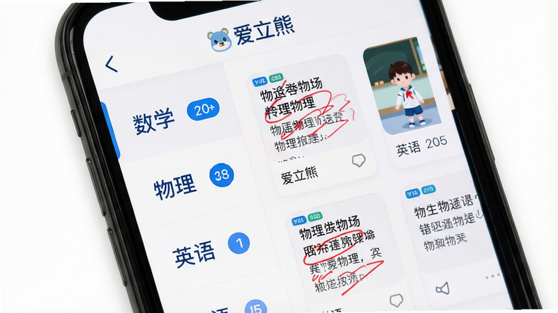 主体:手机屏幕显示错题分类界面,左侧有“数学”、“物理”、“英语”等标签分类列表,右侧显示对应错题缩略图。布局:列表式布局,分类标签竖向排列。排版:每个分类旁有错题数量徽标,顶部有“爱立熊”标题栏。风格:简洁的APP界面设计,白底蓝字。细节:错题缩略图上带有红笔批注效果。画质:清晰干净,无多余元素。