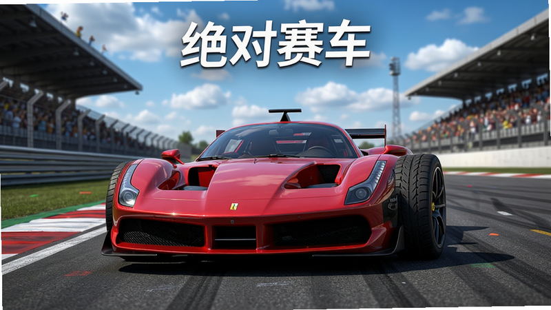 主体为“绝对赛车”游戏主界面,一辆红色法拉利赛车停在赛道上,后方是蓝天白云和观众看台,画面采用写实风格,布局居中,细节体现车漆反光、轮胎纹理和赛道标线,画质高清,干净无多余元素,文字标签显示“绝对赛车”字样。