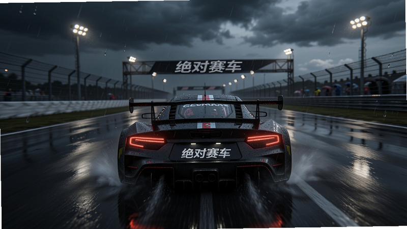 主体为“绝对赛车”雨天赛道场景,赛车在湿滑路面上行驶,溅起水花,背景是昏暗天空和灯光,布局采用车尾视角,风格写实,细节包含雨滴落在玻璃上的效果、路面积水反射,画质细腻,干净无多余元素。