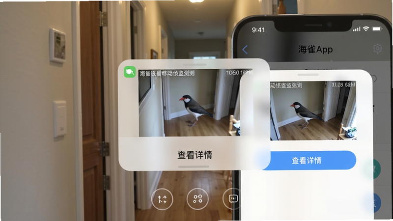 海雀App移动侦测报警界面,手机收到通知弹窗,显示摄像头捕捉到的移动物体截图,界面有“查看详情”按钮,背景为家庭走廊,风格写实,画质清晰。