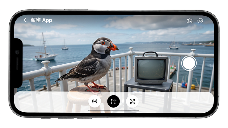 海雀App实时监控界面,手机屏幕显示高清摄像头画面,画面中有清晰的人物或物体,界面底部有控制按钮,布局简洁,风格现代,画质清晰,无多余元素。