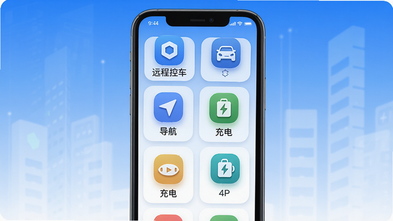 主体为零跑APP主界面预览图,采用智能手机竖屏居中布局,界面中央显示“远程控车”“导航”“充电”等彩色图标,卡片式排列整齐,风格科技蓝白渐变,图标细节有阴影和圆角,画质4K超清,干净无多余元素