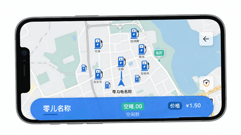 零跑APP导航充电界面,主体为手机地图显示周边充电桩分布,布局地图居中,底部卡片显示充电桩名称、空闲数、价格,排版规范,风格蓝色调科技感,细节包括充电桩图标和价格标签,画质超清,干净无多余元素