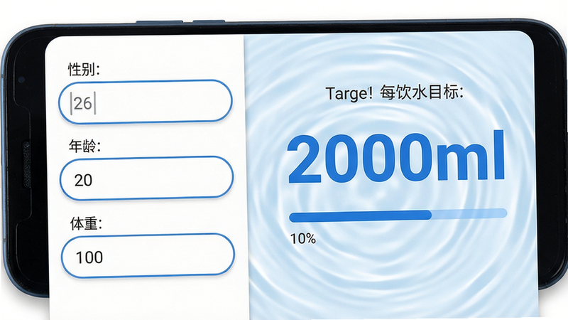 主体:手机屏幕展示个性化设置界面,左侧有性别、年龄、体重输入框,右侧显示计算出的每日饮水目标