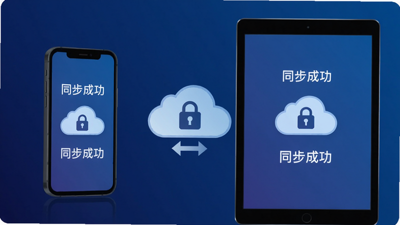 主体:手机与平板并排放置,屏幕显示同步状态,中间有云朵图标和双向箭头。布局:两台设备水平并列,背景为深蓝色渐变。风格:科技感扁平化,线条简洁。细节:设备屏幕上有