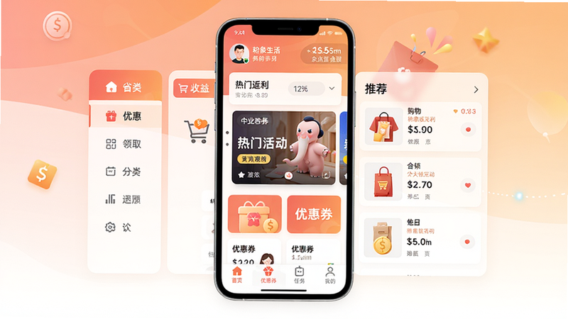 主体:粉象生活App主界面展示,包含购物返利、优惠券领取、个人收益中心等核心功能模块。布局:手机屏幕居中放置,上下排列功能卡片,左侧为分类导航,右侧为推荐商品列表。排版:扁平化设计,图标简洁,采用暖色渐变背景。风格:现代简约,带有科技感,突出“省钱”与“赚钱”双重主题。细节:屏幕顶部显示用户头像与余额,中间大图滚动展示热门活动,底部标签栏包含首页、优惠券、任务、我的。画质:高清,干净,无多余元素。