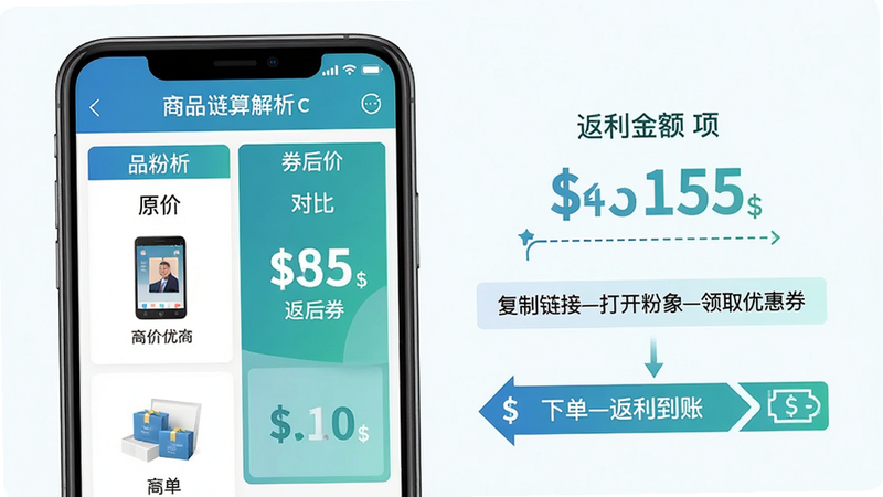 主体:手机屏幕上显示返利计算过程,从商品链接解析到返利金额展示。布局:左侧为商品原价与券后价对比,右侧为返利金额及预计到账时间。排版:列表式布局,数字用大号字体突出显示。风格:清新商务风,蓝绿色调。细节:包含“复制链接打开粉象领取优惠券下单返利到账”流程图。画质:高清,干净,无多余元素。