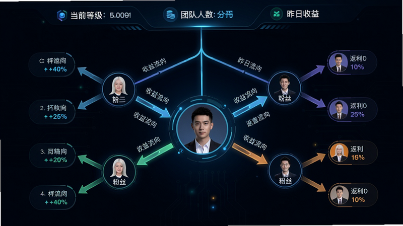 主体:团队收益树状图,展示邀请关系与分成比例。布局:中心为本人头像,向外辐射第一层粉丝、第二层粉丝,每个节点显示返利百分比。排版:树形结构,箭头标注收益流向。风格:科技感,深色背景搭配亮色线条。细节:顶部显示当前等级、团队人数、昨日收益。画质:高清,干净,无多余元素。