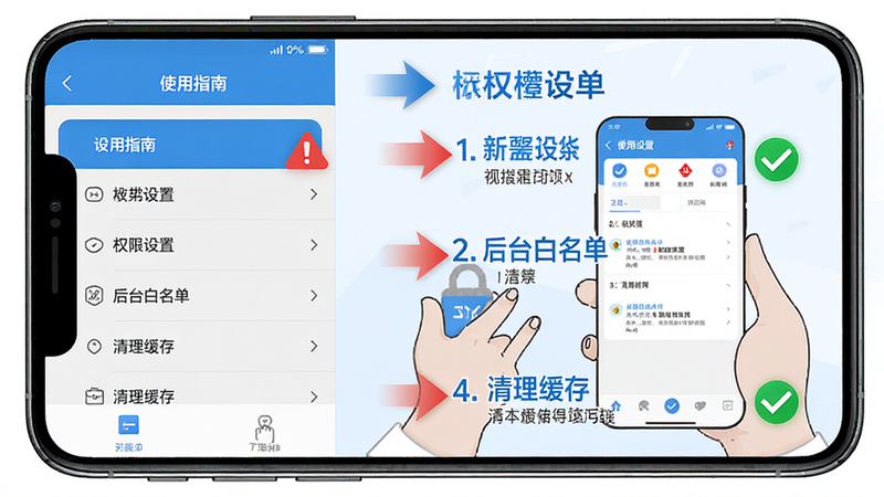 主体:手机屏幕上显示“使用指南”界面,重点标注权限设置、后台白名单、清理缓存等步骤。布局:左侧为设置菜单列表,右侧为具体操作示意图。排版:图文结合,步骤用数字标出。风格:清爽简约,蓝色主调。细节:每个步骤旁边有红色警告符号或绿色对号。画质:高清,干净,无多余元素。