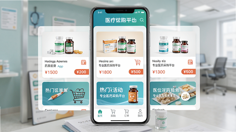 主体:药帮忙App主界面,布局:中央展示药品列表和热门活动,排版:卡片式布局,风格:简洁明亮的医疗健康类UI,细节:药品图片清晰、价格标签醒目、底部导航栏包含“首页、采购、订单、我的”,画质:高清写实,干净无多余元素,图片中显示文字“药帮忙 专业医药采购平台”