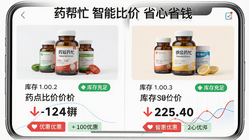主体:手机屏幕上展示比价界面,布局:左右对比两个供应商的药品价格和库存,排版:上下结构,上方药品照片,下方价格和优惠标签,风格:数据可视化风格,细节:红色降价箭头、绿色库存充足标识、价格数字加粗,画质:超清,干净无多余元素,图片中显示文字“药帮忙 智能比价 省心省钱”