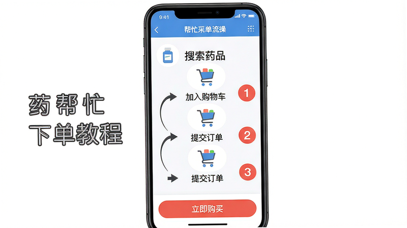 主体:一张手机上药帮忙App的实操截图,布局:展示采购下单流程,从上到下依次为搜索药品、加入购物车、提交订单,排版:流程步骤用箭头连接,风格:扁平化教程风格,细节:每一步都有红色数字标注,底部有“立即购买”按钮,画质:清晰,无多余元素,图片中显示文字“药帮忙 下单教程”