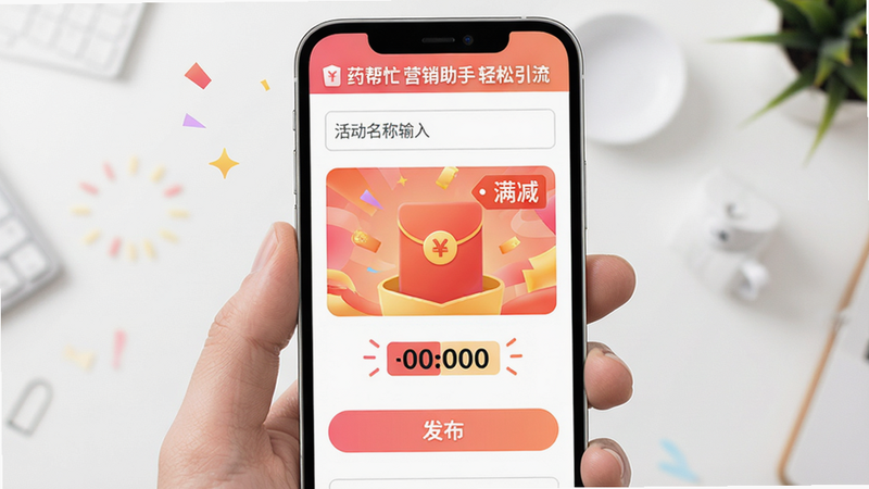 主体:手机屏幕显示营销活动创建页面,布局:中央活动模板选择,上方活动名称输入框,底部发布按钮,排版:简洁表单样式,风格:活泼促销风格,细节:红包图标、倒计时组件、满减标签,画质:高清,干净无多余元素,图片中显示文字“药帮忙 营销助手 轻松引流”