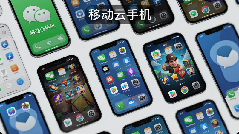 主体:一部手机上同时显示多个虚拟手机界面,每个界面有不同应用图标,如微信、游戏等。布局:平铺展示。风格:科技感插画,干净整洁,无多余元素,文字“移动云手机”出现在顶部居中。画质高清。