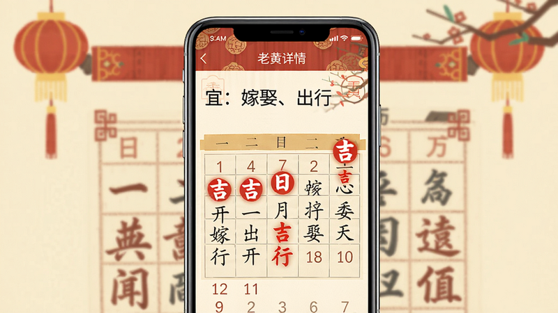 手机屏幕显示老黄历详情页,有“宜:嫁娶、出行”等文字,背景有传统日历装饰;布局手机居中,内容清晰;风格写实与扁平结合;画质高清;细节红色标记吉日;干净无多余