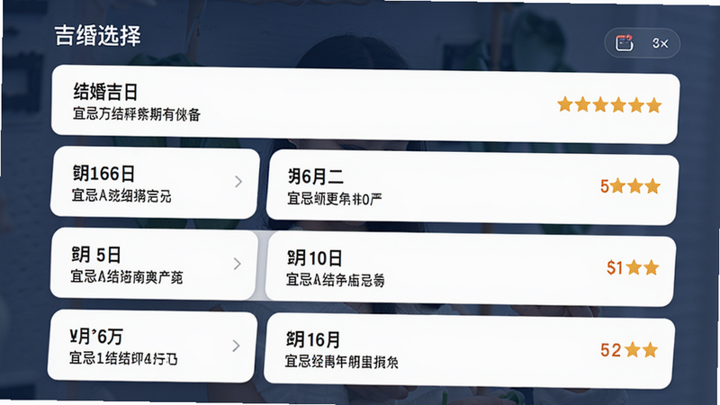吉日选择界面,显示“结婚吉日”列表,日期旁有星标评分;布局列表式,清晰易读;风格现代卡片式设计;画质高清;细节每个日期下有小字描述宜忌;干净