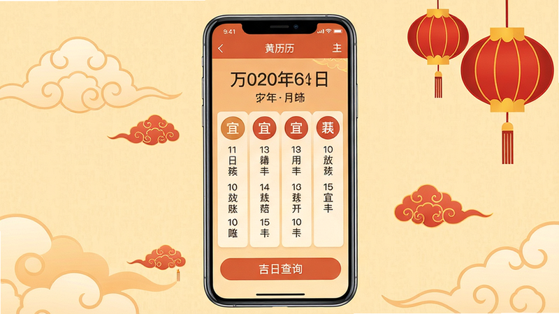 手机屏幕显示万年历黄历App主界面,上方显示日期、农历、宜忌,下方有吉日查询按钮;布局居中构图,手机竖屏;排版界面清晰,文字易读;风格扁平化设计,暖色调;细节背景有传统中国风元素如祥云、红色灯笼;画质高清,干净无多余元素