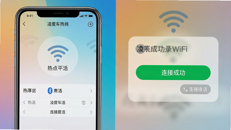 一张手机连接记录仪WiFi的动画过程截图,主体为手机WiFi设置界面跳转到凌度车生活连接成功提示,布局分左右两半,左半显示记录仪热点名称,右半显示“连接成功”绿色按钮。风格为模拟真实系统界面,细节包括WiFi信号图标和蓝牙标志,画质锐利,背景为渐变色,无多余元素。
