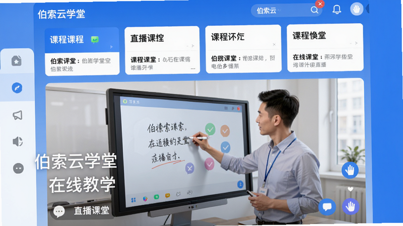 主体:伯索云学堂App主界面,布局清晰,上方有课程列表,中间显示正在进行的直播课堂,老师正在使用电子白板书写。风格现代扁平化,色彩以蓝色和白色为主,细节包括互动消息、举手图标。画质高清,干净无多余元素,图片中打文字:伯索云学堂 在线教学