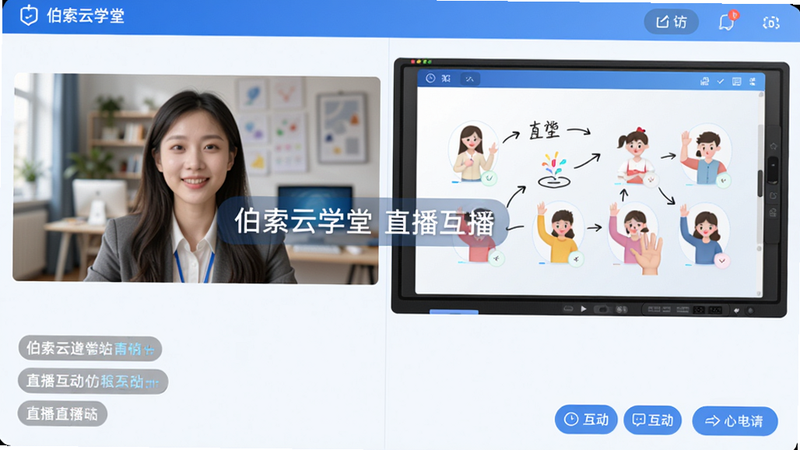 主体:伯索云学堂互动直播界面,左侧为教师视频画面,右侧为电子白板,下方有聊天区和互动按钮。布局左右分栏,风格简洁现代,色彩蓝白,细节显示学生举手动画。画质高清,干净无多余元素,图片中打文字:伯索云学堂 直播互动