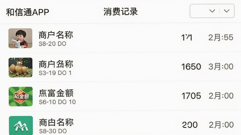 和信通APP内“消费记录”页面截图,列表显示多笔交易,每条包含商户名称、金额和时间,顶部有筛选栏,页面背景白色,字体清晰,排版整齐,画质干净