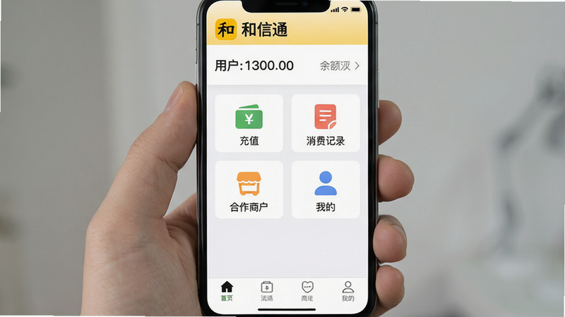 一张手机屏幕截图,展示和信通APP的主界面,顶部有“和信通”黄色logo和用户余额,中部排列“充值”“消费记录”“合作商户”“我的”四个功能图标,底部导航栏,整体风格简洁现代,背景白色,画质高清,干净无多余元素