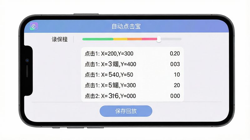 主体:手机屏幕展示自动点击宝的录制界面,顶部有“自动点击宝”名称,下方是录制进度条和坐标列表。布局:手机横向居中,背景为简洁白色。排版:列表清晰显示“点击1: X=200,Y=300”等数据,底部有“保存回放”按钮。风格:UI界面扁平化,色彩柔和。细节:进度条彩色,坐标数字清晰可见。画质:高分辨率,无多余元素。