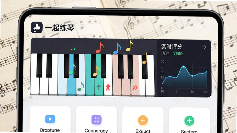 主体是手机屏幕上显示“一起练琴”App主界面,界面中央有虚拟琴键和音符跳动效果,右侧有实时评分与音准曲线图,背景是淡雅的乐谱纹理。布局采用上下结构,上方为App名称与Logo,下方为功能卡片。风格为清新扁平化UI,细节包括高亮显示正确音符和错误提示箭头,画质清晰干净,无多余元素。