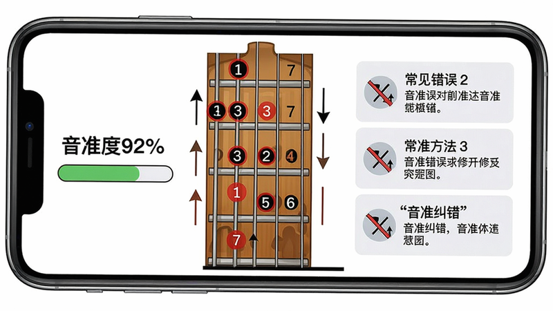 主体是手机横屏放置,屏幕上显示小提琴指板图,指板上用红点标注音准偏差位置,左侧有“音准度92%”的进度条,右侧列出三个常见错误及修正方法。布局左右对称,风格为教学插图风格,细节包括指法数字和箭头指示,画质干净无多余元素,文字部分用引号标注如“音准纠错”。