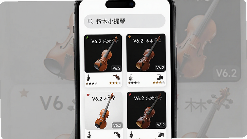 主体是手机竖屏,显示乐谱库浏览界面,顶部搜索框内输入“铃木小提琴”,下方列表展示曲目封面,封面带有“V6.2”版本标注。布局为网格卡片式,风格为极简现代,细节包括每张卡片右下角的乐器图标和难度星级,画质清晰,无多余元素。